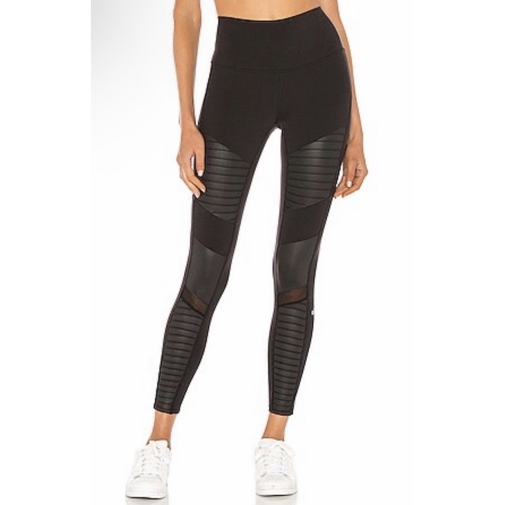 Alo Yoga Women S Black High Waist Moto Leggings Stretch Run Active Shine